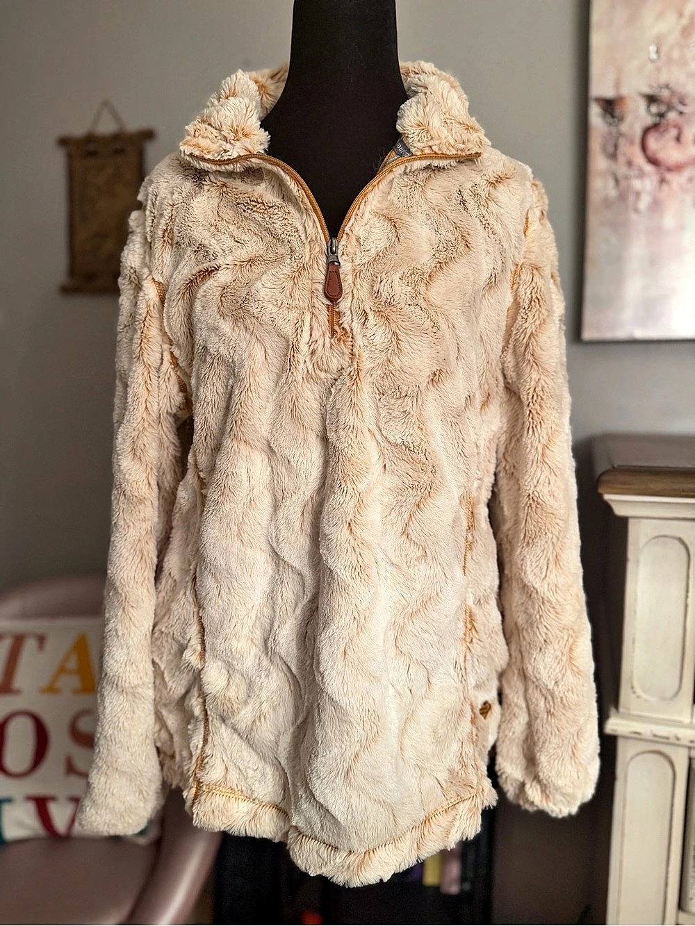 Simply Southern Fuzzy Sherpa Quarter Zip Pullover Cream & Brown Medium